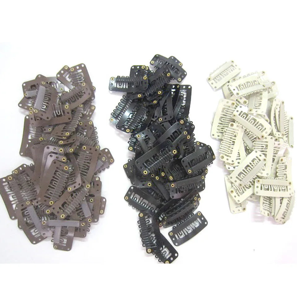 ZZHAIR 100pcs Wig Tools Combs Snap Clips with Rubber for Hair Extension Toupee DIY 6 Teeth 3.3cm Black Brown Blonde